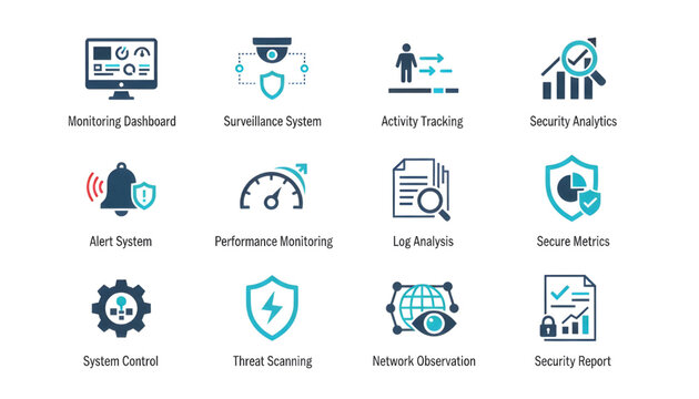 Comprehensive collection of cyber security and data protection icons for network monitoring and system management