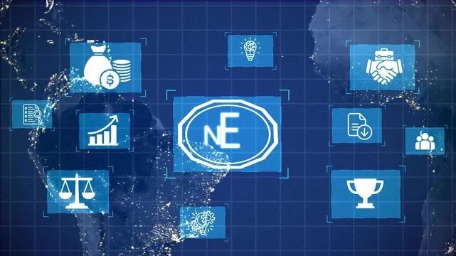 animated Trademark protection and legal compliance with NED icon, copyright law, patent check, intellectual property rights, and branding regulation Marrow animation on the drack background