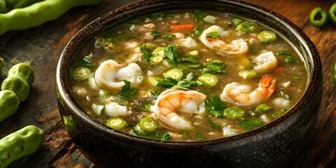 Hearty seafood gumbo with shrimp and okra in dark bowl