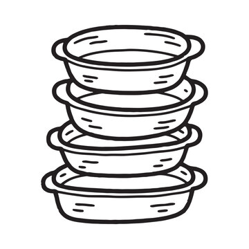 A stack of empty pie dishes or baking tins depicted in a simple line art style