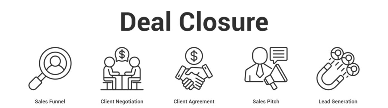 Deal Closure web banner icon set vector illustration concept for business with icon of Sales Funnel, Client Negotiation, Client Agreement, Sales Pit.