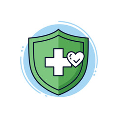 Obraz premium Green shield with medical cross and heart symbolizing healthcare protection and safety
