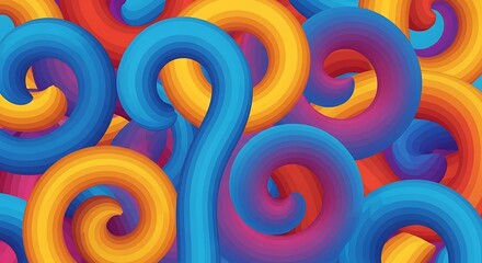 Abstract, vibrant graphic with overlapping, spiraling, 3D forms in multiple bright colors