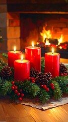 A cozy Christmas scene with lit red candles