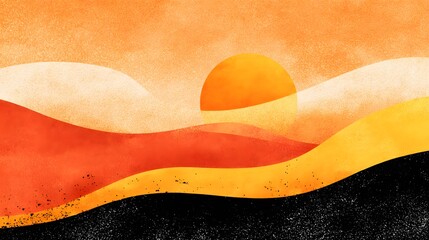 Obraz premium Abstract watercolor landscape with warm sunset colors and rolling hills.