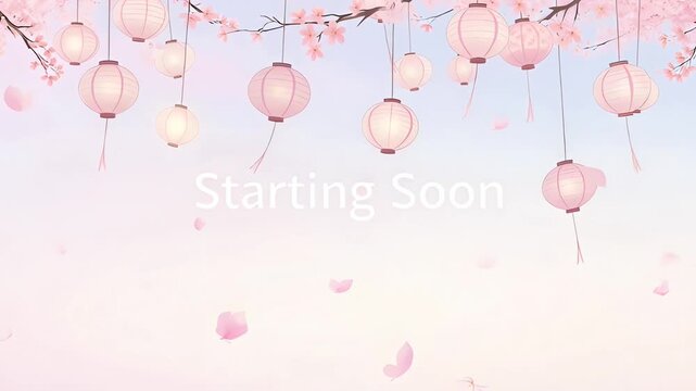 Beautiful animated background with pink cherry blossoms and festive hanging lanterns. Starting soon announcements