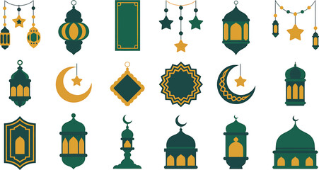 Naklejka premium Ramadan lantern and crescent moon flat icons set with islamic ornaments for holiday decoration