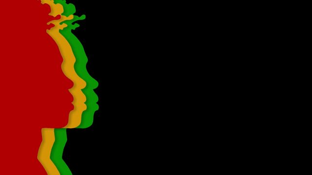 Loop animation of a red, yellow, and green afro man silhouette appearing on the left over a dark background with wide copy space, concept of Juneteenth and Black History Month themes of culture.
