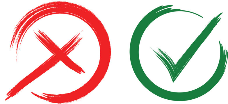 Check mark, tick and cross brush signs, green check mark OK and red X icons, symbols YES and NO button for vote, decision, election choice