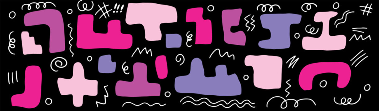 Multicolored abstract shapes in pink and purple on a black background in the style of the 90s and white squiggles, waves, lines. Grunge style