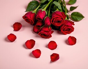 Vibrant Red Roses with Dewdrops Pastel Pink Background
