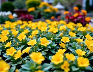 Vibrant Spring Garden Bed with Yellow Blossoms and Foliage