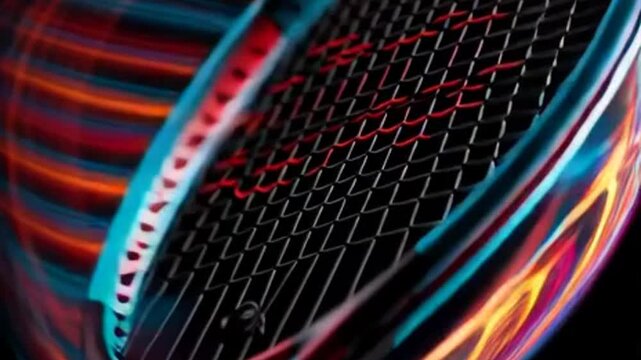 Close-up of a tennis racket with blurred colorful light streaks, dynamic motion