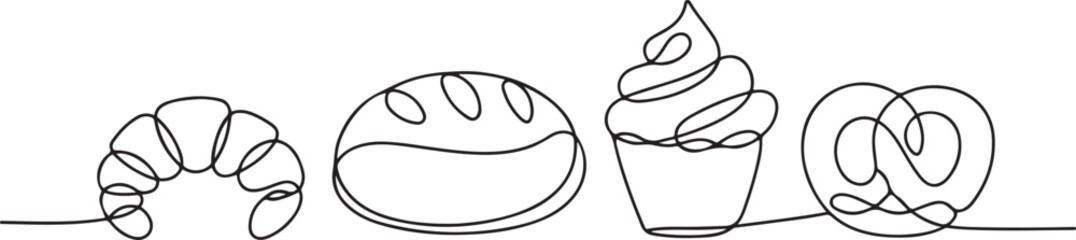 Bakery products drawn in one line. Food sketch. Continuous line drawing art. one line Art icon drawing vector