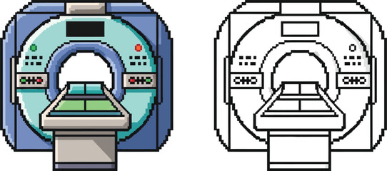Pixel art illustration of a medical CT or MRI scanner with a patient bed, shown in both color and black and white outline versions, representing diagnostic imaging technology.