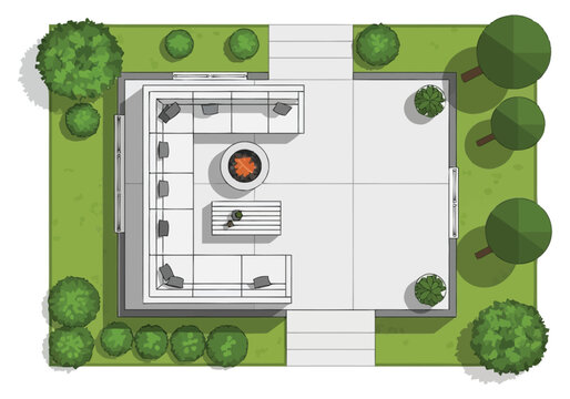 Aerial View of Modern Outdoor Living Space with Sectional Seating and Fire Pit Surrounded by Greenery and Paved Areas furniture icons top view