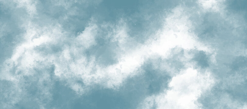 Grunge smooth light sky blue calming image of white clouds in a lavender sky evokes a sense of peace and tranquility, artistic watercolor painting style clouds background.