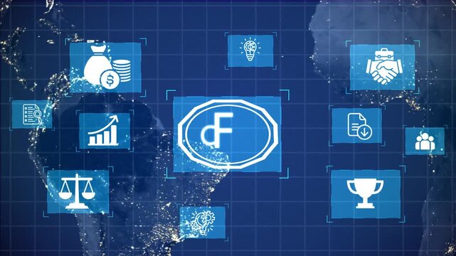 animated Trademark protection and legal compliance with CFG icon, copyright law, patent check, intellectual property rights, and branding regulation Marrow animation on the drack background