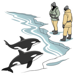 Two men in winter clothing standing on ice looking at orcas swimming in icy waters © MST SAHIDA  BEGUM 