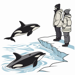 Two people watching orcas on iceberg arctic winter © MST SAHIDA  BEGUM 