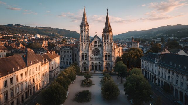 Aerial view of the Basilica of Saint Pius X in Lourdes, France, at sunset, showcasing its grand architecture and the surrounding town.