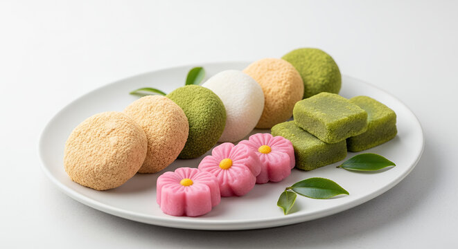Assorted Japanese sweets on a white plate with decorative leaves.