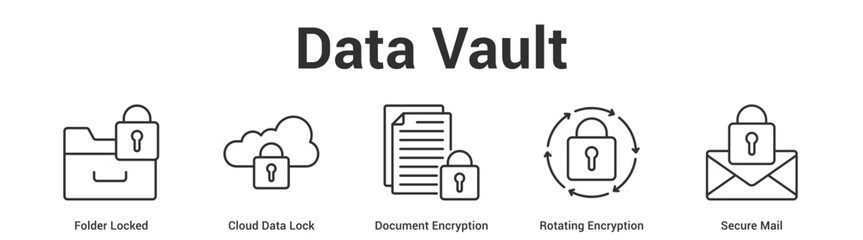 Data Vault web banner icon set vector illustration concept for business with icon of Folder Locked, Cloud Data Lock, Document Encryption, Rotating Encrypti. © AGE