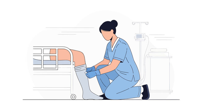 Nurse applying compression stocking to patient's leg in hospital bed
