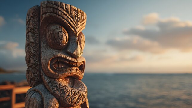 Ancient Hawaiian Tiki Statue Overlooking the Ocean at Sunset.