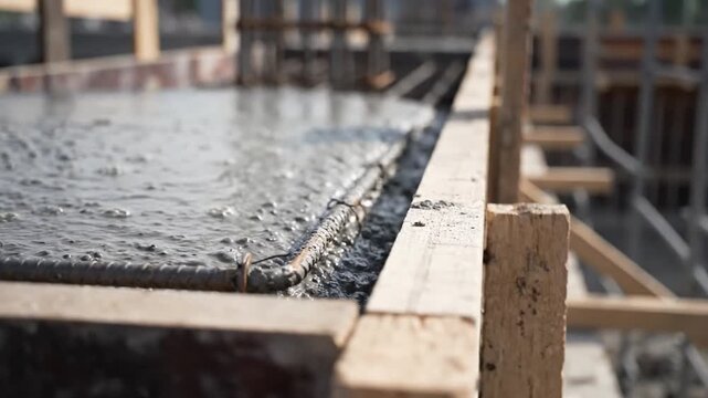 Pouring Wet Grey Concrete Mix into Wooden Formwork with Rebar on Construction Site