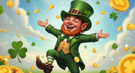 Jubilant leprechaun celebrating st patricks day with gold coins and clovers.