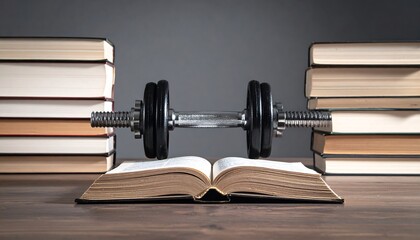 A dumbbell rests on an open book between stacks of books