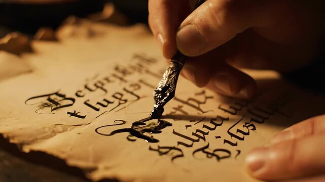 Close up of a hand writing with a fountain pen on old parchment paper.