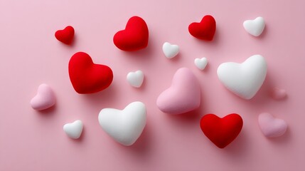 A delightful scattering of soft, plush heart-shaped objects in red, pink, and white, arranged on a light pink background, evoking feelings of love and tenderness.