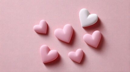 Obraz premium Soft pink and white hearts scattered on a pastel pink background, romantic and sweet symbol for love and Valentine's Day