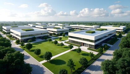 Modern corporate office campus with green lawns and clear blue sky aerial view