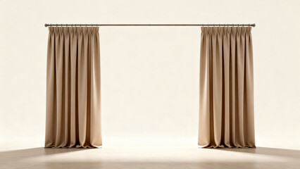 Fototapeta premium Elegant Floor Length Sand Beige Pleated Curtains Hanging on Minimalist Metal Rod