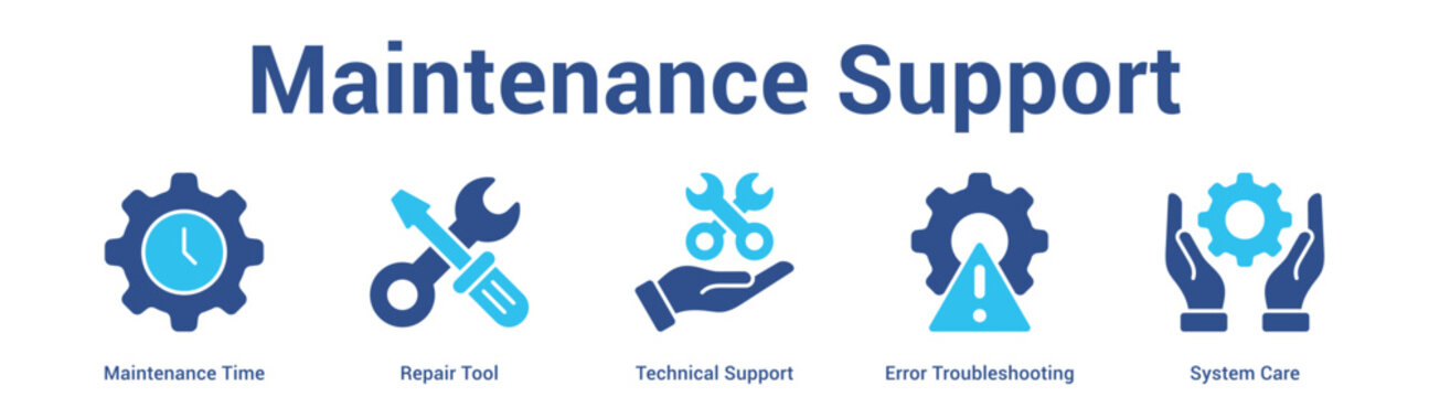 Maintenance Support web banner icon set vector illustration concept for business with icon of Maintenance Time, Repair Tool, Technical Support, Error Troubleshooti.