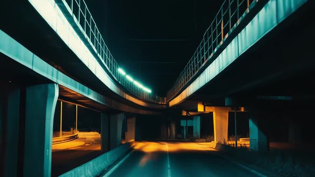 Empty urban underpass at night lit by blue electric lights, long concrete roadway and curved overpasses forming leading lines and a lonely, futuristic metropolitan pathway