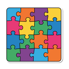 Nine colorful puzzle pieces arranged in a square shape, interlocking to form a cohesive unit, from a straightforward perspective.