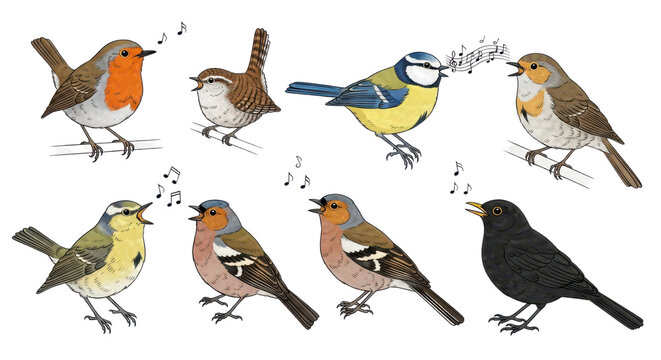 Collection of 8 hand-drawn singing garden birds in a naturalistic style. Includes a robin, wren, blue tit, song thrush, coal tit, chaffinch, bullfinch