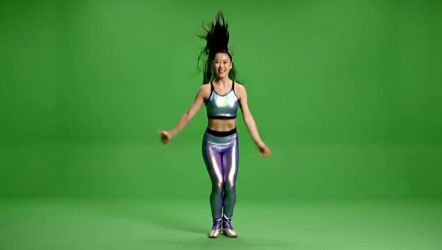 Young woman exercising with jump rope in a green studio setting from a frontal viewpoint