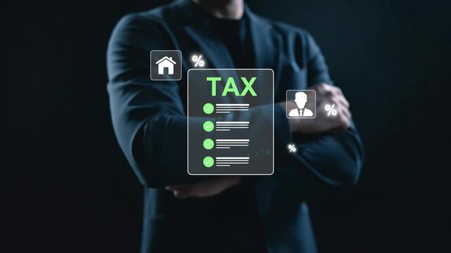 Businessman interacting with tax checklist icons on virtual screen, representing financial planning, tax return, accounting, property tax, vehicle tax, and income management