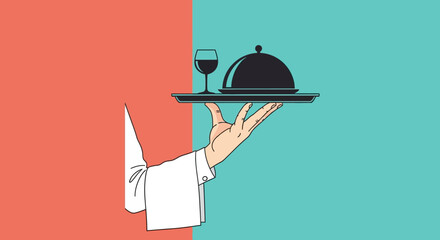 Elegant illustration of a waiter's hand holding a tray with a wine glass and food dome © punduh