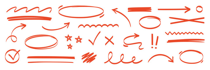 Line pen red highlight arrow set. Line pen hand drawn marker stroke red underline, check mark, emphasis. Arrow, star, round frame marker scribble stroke icon elements. Vector illustration © Polina Tomtosova