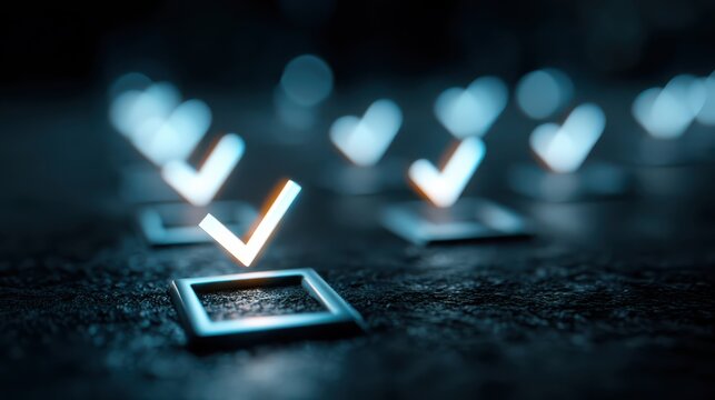 Glowing checkmarks in illuminated squares on a dark textured surface, symbolizing approval, selection, or completion.