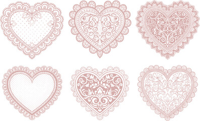 Heart lace illustration set, ornamental floral motif, vintage doily design, romantic artwork concept, decorative vector collection for textile, wedding, and Valentine themes © Hello World