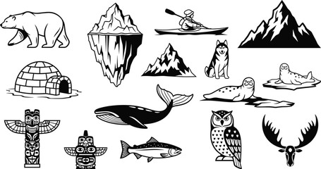 Arctic wildlife and nature icons set, polar animals mountains kayak igloo illustrations, northern adventure vector collection isolated white © MDRAKIB