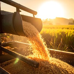 A golden grain pouring from a machine into a pile