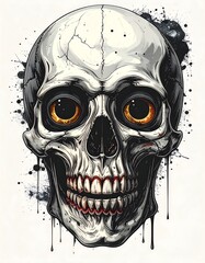 A gray skull with orange eyes and sharp teeth on a white background